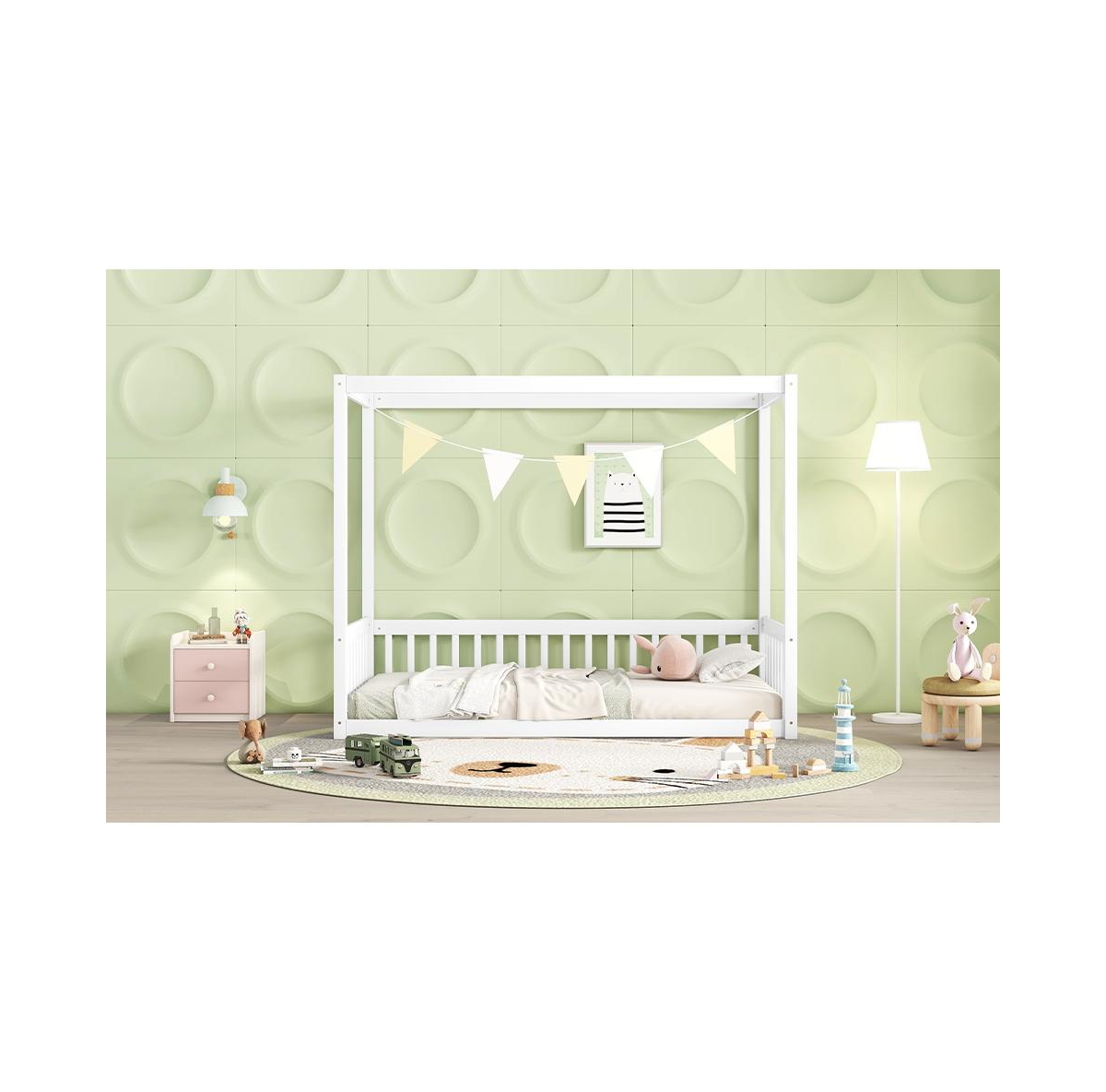 Slickblue Twin SizeCanopy Floor Bed Frame with Fence and Guardrails - White