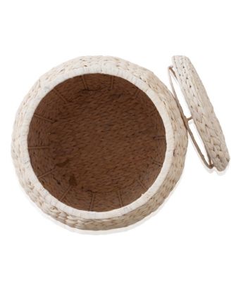 Round Storage Basket with Lid, Whitewash - Handwoven Water Hyacinth Hamper Organizer for Laundry, Blankets, Plants