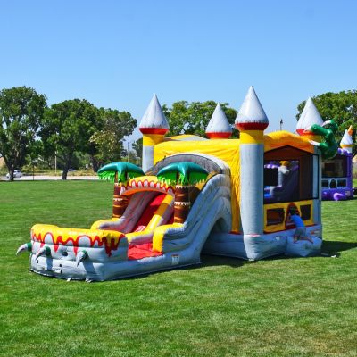 T-Rex Commercial Grade Bounce House Water Slide with Pool for Kids and Adults (with Blower), Basketball Hoop, Wet Dry Combo, Outdoor, Big Inflatable, Birthday Party Rental