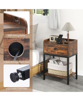 2 PCS Nightstand Side End Table w/ Charging Station Drawer Open Shelf