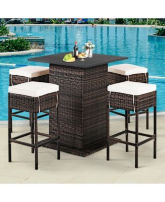 5 Pieces Patio Rattan Bar Furniture Set with Cushions and Hidden Storage Shelf