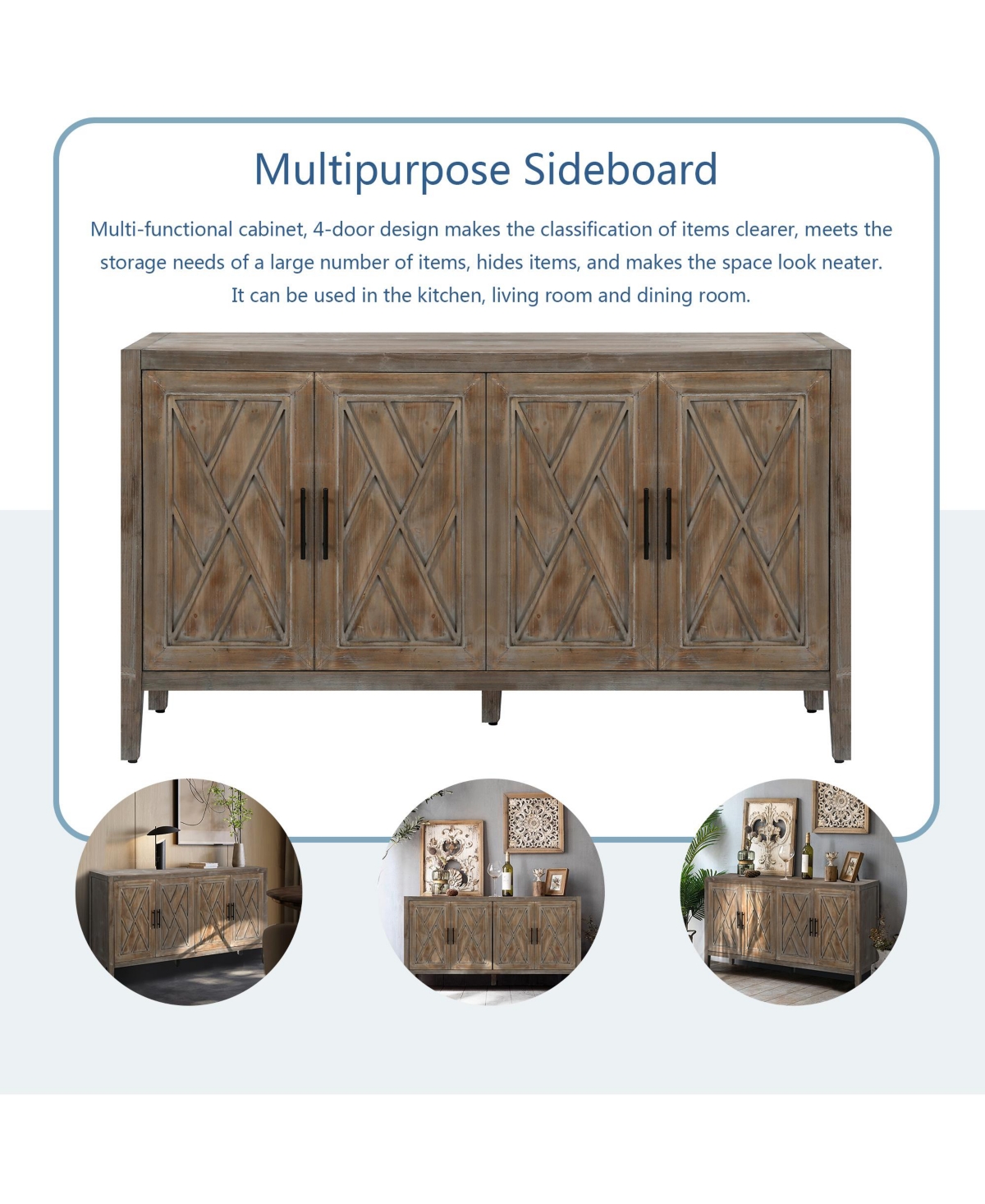 Slickblue 4-Door Wooden Twill Sideboard - Vintage American Country Cabinet for Living Room, Dining Room, and Entryway