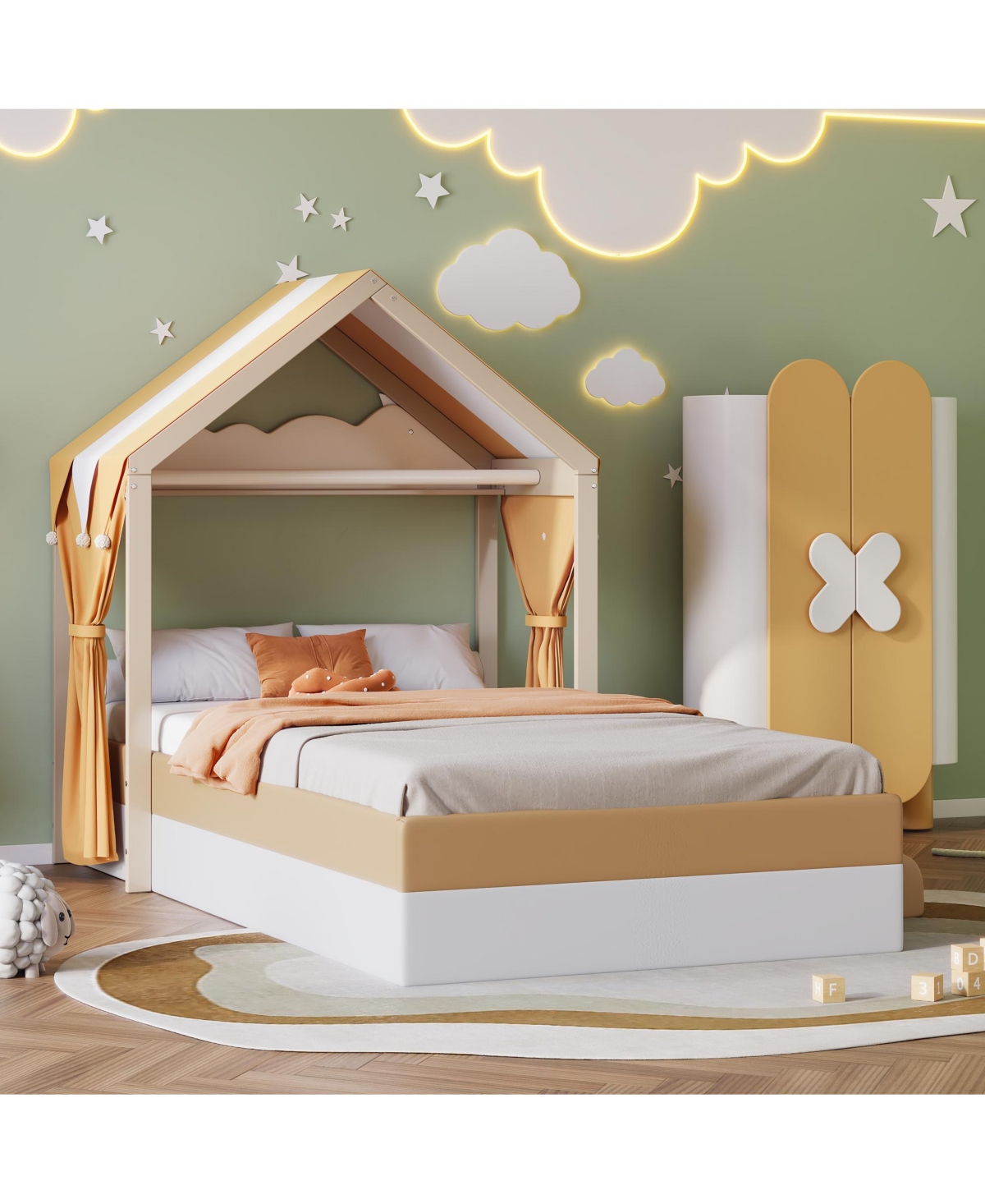 Slickblue Upholstered Twin Size House Bed with Curtains and Brown – Cozy Design for Kids' Bedrooms, Offering a Fun and Playful Sleepin
