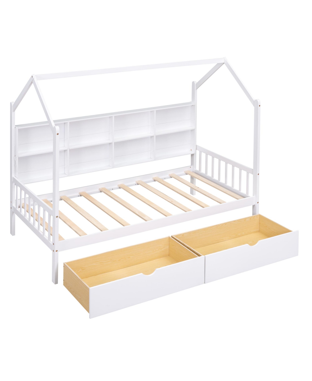Slickblue Wooden Twin Size House Bed with 2 Drawers,Kids Bed with Storage Shelf,- White