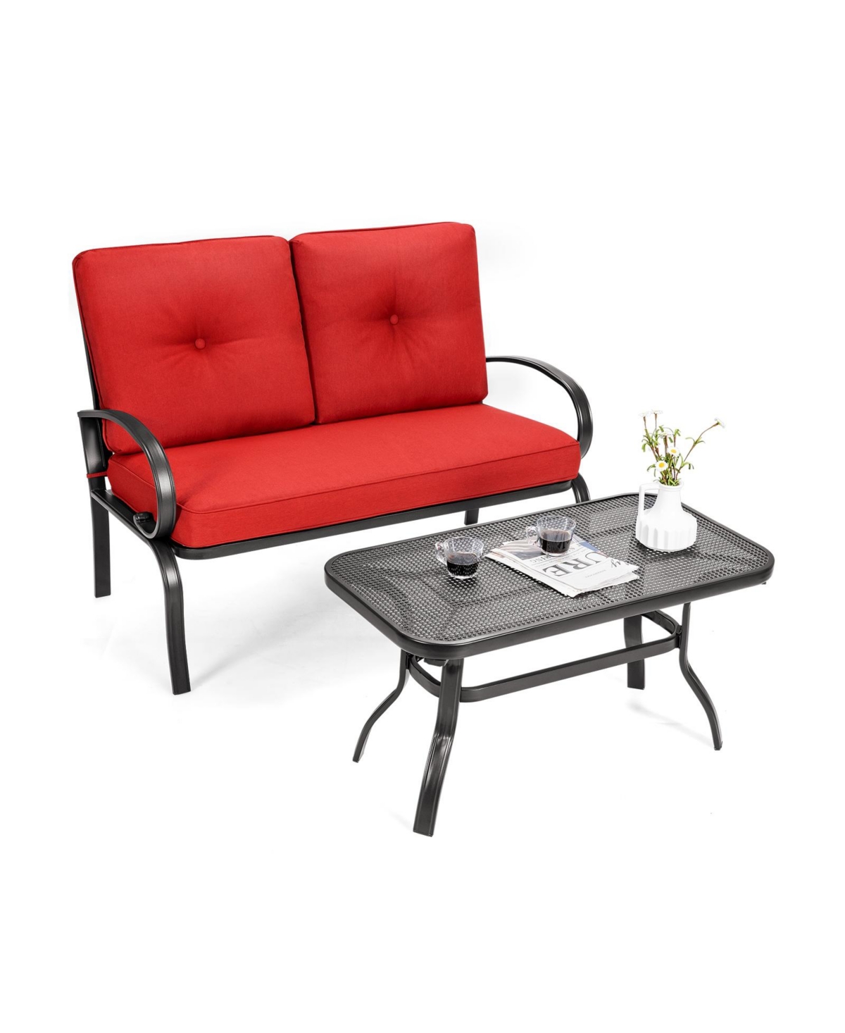 Sugift 2 Pieces Patio Outdoor Cushioned Coffee Table Seat- Red