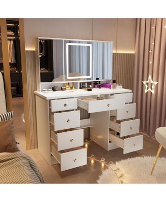 Pink Modern Makeup Vanity Desk 9-Drawers Wood Dressing Table with 3 Mirrors, Hidden Storage Shelves, LED Lighted Lights
