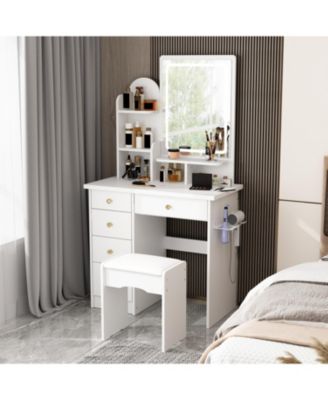 5-Drawers White Makeup Vanity Sets Dressing Table Sets With Stool, LED Lighted Mirror, Power Strip and Hair Dryer Holder