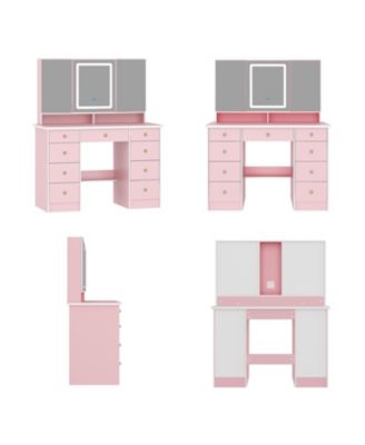Pink Modern Makeup Vanity Desk 9-Drawers Wood Dressing Table with 3 Mirrors, Hidden Storage Shelves, LED Lighted Lights