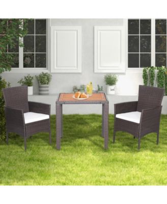 3 Pieces Patio Wicker Furniture Set wih Acacia Wood Table Top and Chair Cushiones