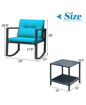 3 Pieces Cushioned Patio Rattan Set with Rocking Chair and Table-Blue