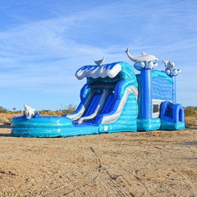 Dolphins Commercial Grade Bounce House Water Slide with Dual Lane and Detachable Pool for Kids and Adults (with Blower), Tunnel Entrance, Basketball Hoop, Wet Dry Use, Obstacle Pop Ups