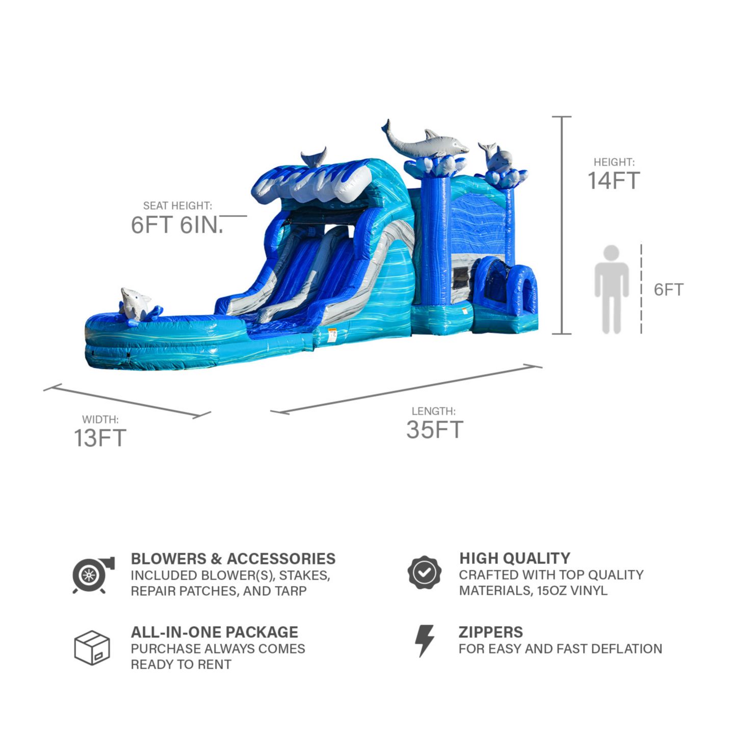 Детская игрушка Jumporange Dolphins XLD Water Slide Bounce House Inflatable Obstacle Course, 35'L x 13'W x 14'H, 6-Person Capacity, Ages 3+, цвет: Open Miscellaneous — фото 2