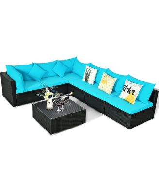 7 Pieces Sectional Wicker Furniture Sofa Set with Tempered Glass Top-Blue