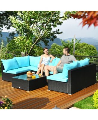7 Pieces Sectional Wicker Furniture Sofa Set with Tempered Glass Top-Blue