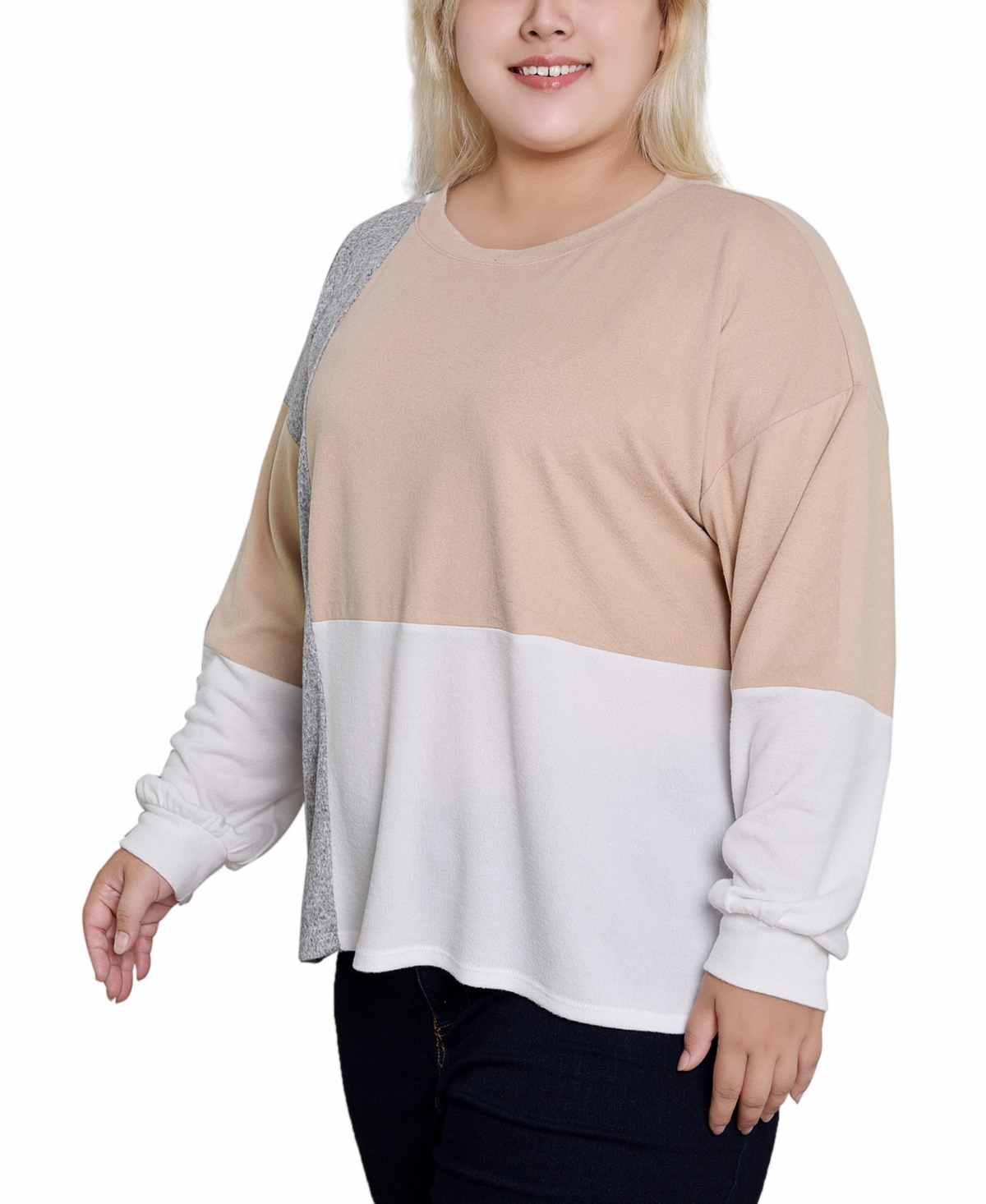 Ny Collection Plus Size Long Sleeve Color Blocked Pullover Top In Tan,ivory,grey