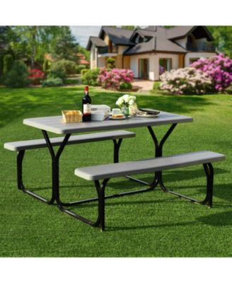 Outdoor Picnic Table Bench Set with Metal Base
