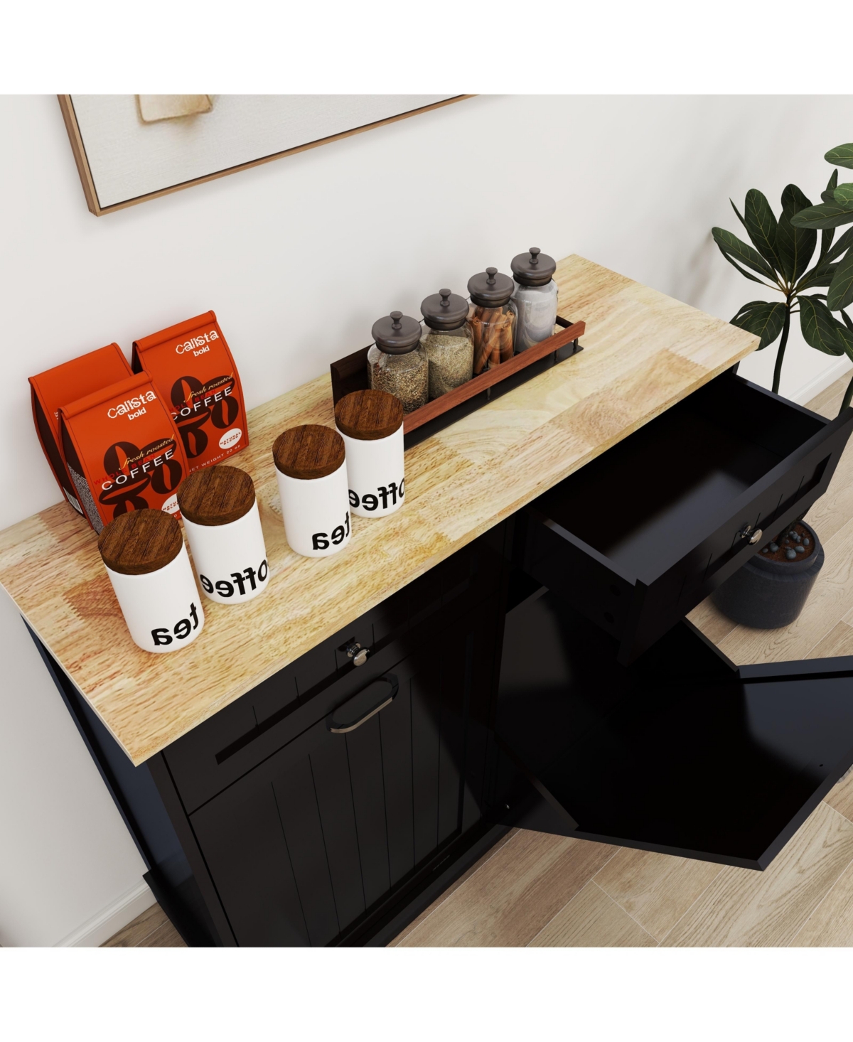 SlickblueKitchen Trash Cabinet - Two Drawers & Tilt-Out Trash Compartment - Black