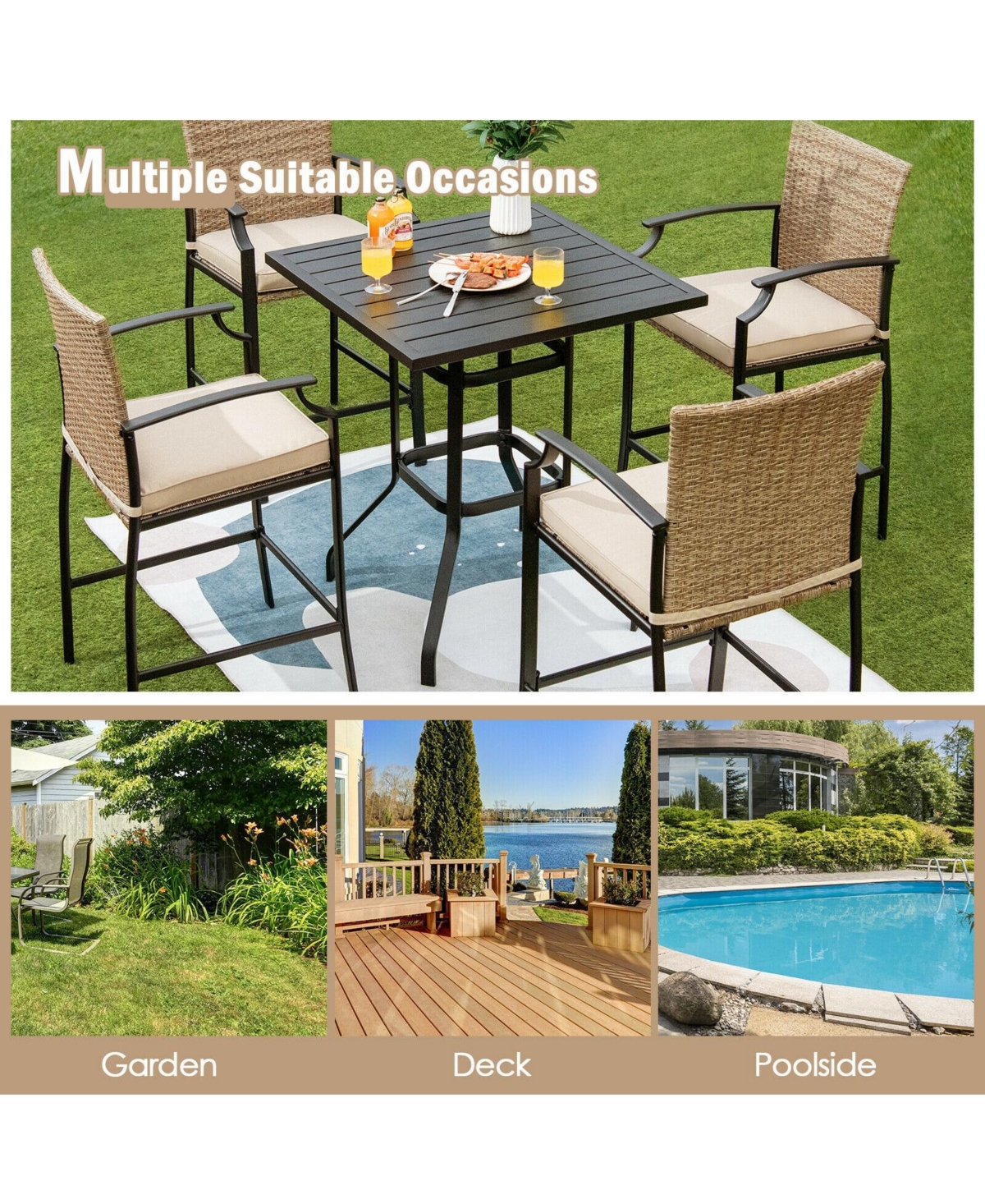Sugift Patio Rattan Bar Stools Set of 4 with Soft Cushions -khaki
