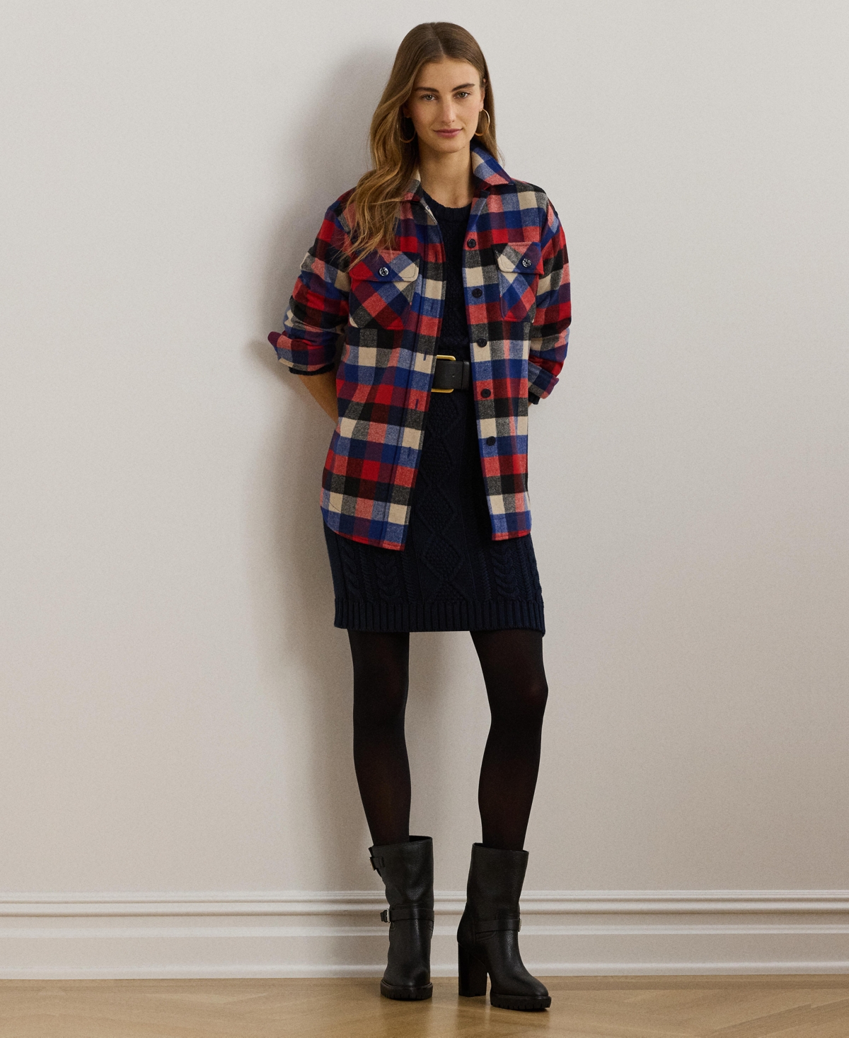 Lauren Ralph Lauren Women's Buffalo Check Belted Twill Shirt Jacket -black/blue/cream