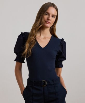 Lauren Ralph Lauren - Women's Rib-Knit Cotton-Blend Puff-Sleeve Top