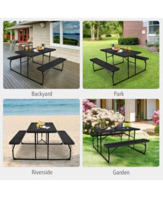 Folding Picnic Black Table Bench Set with Wood-like Texture