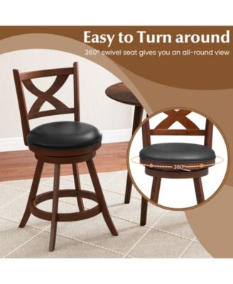 2 Pieces Classic Counter Height Swivel Bar Stool Set with X-shaped Open Back
