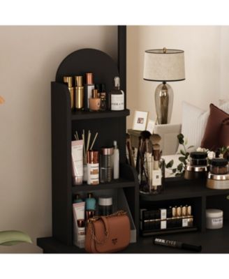 5-Drawers White Makeup Vanity Table Wooden Dressing Desk With Mirror and 3-Tier Storage Shelves