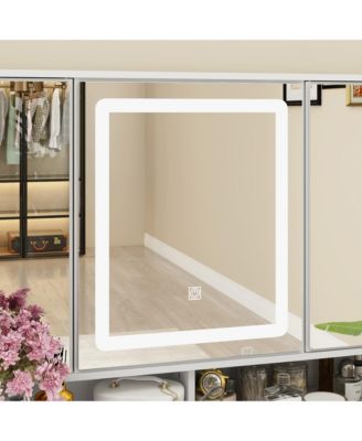 White Makeup Vanity Table Dressing Desk 3-Mirrors,LED Lighted, 9-Drawers, Hidden Storage Shelves, Carved Metal Handles