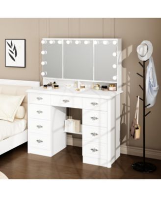 White Makeup Vanity Table Dressing Desk W/3-Mirrors,Lighted Mirror, Drawers, Hidden Storage Shelves Carved Metal Handles