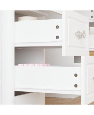 White Makeup Vanity Table Dressing Desk W/3-Mirrors,Lighted Mirror, Drawers, Hidden Storage Shelves Carved Metal Handles