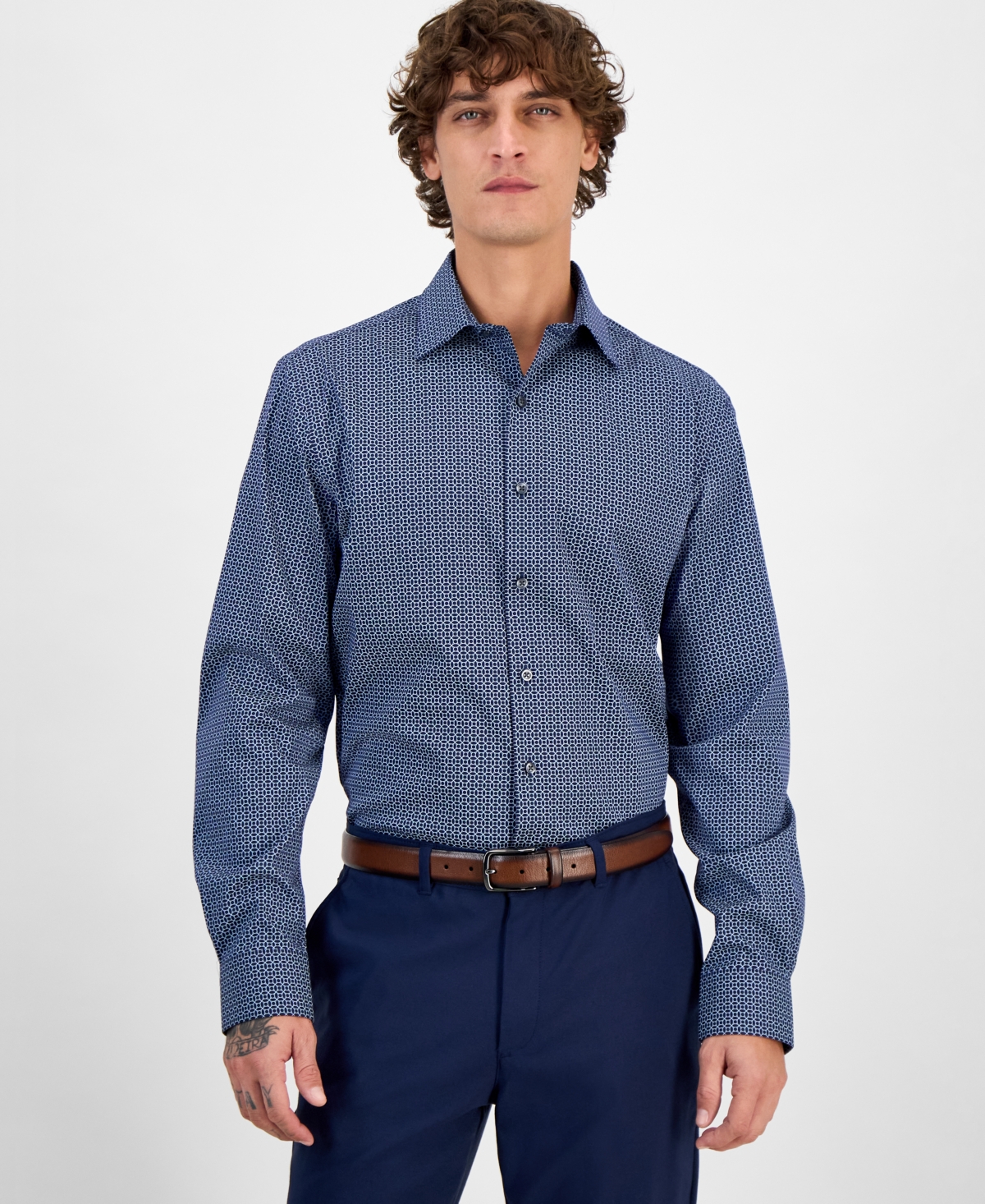 Alfani Men's Round Medallion Print Dress Shirt, Exclusively At Macy's In Blue