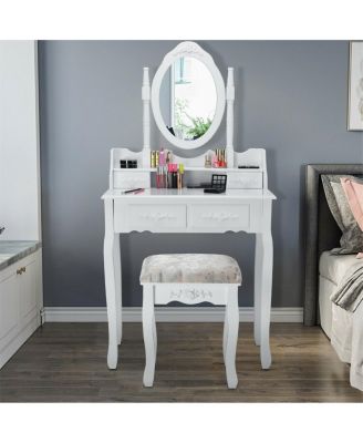 Vanity Table Set with Oval Mirror and 4 Drawers