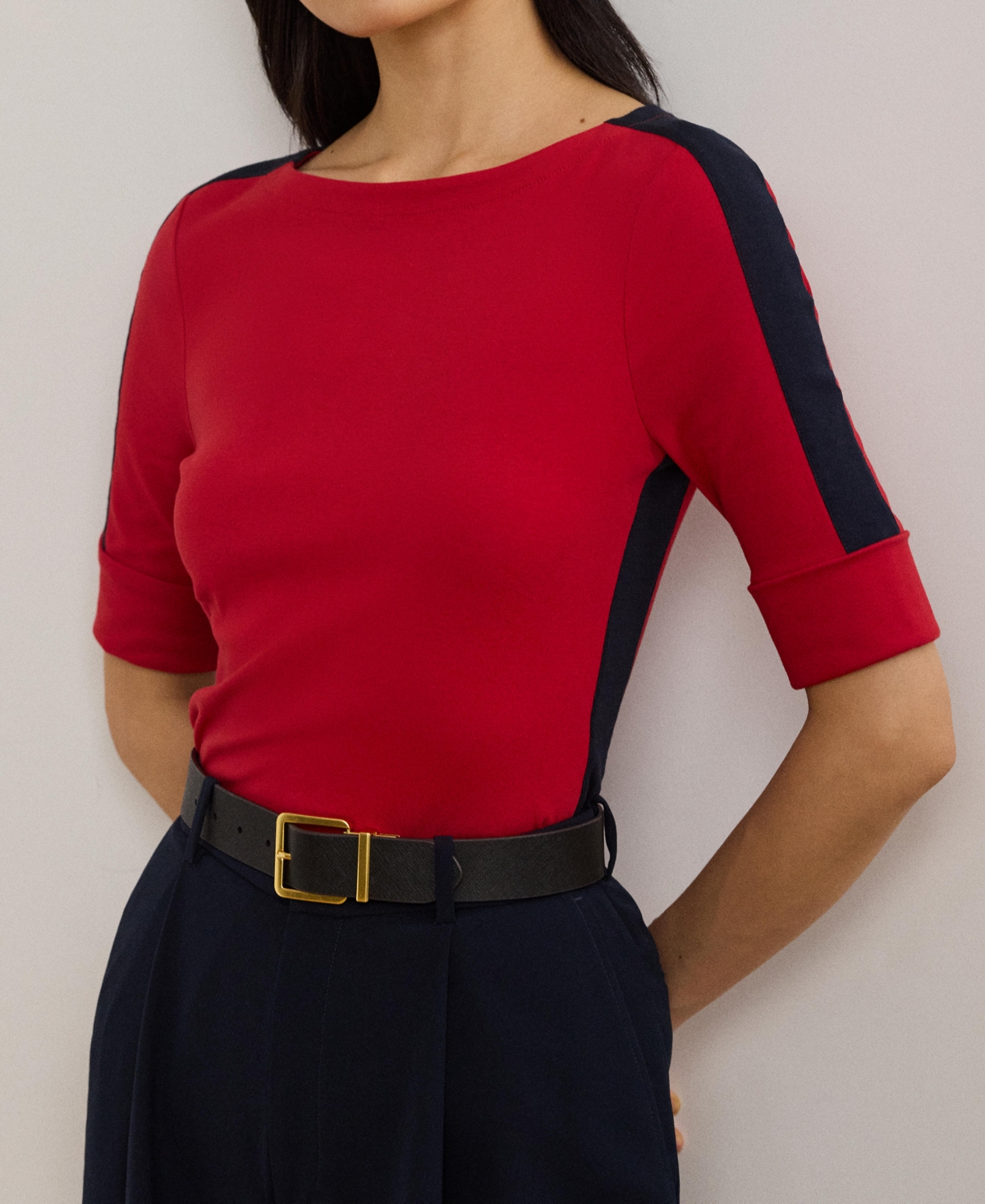 Lauren Ralph Lauren Women's Two-Tone Stretch Cotton Elbow-Sleeve Tee, Regular & Petite - Festive Red  Lauren Navy