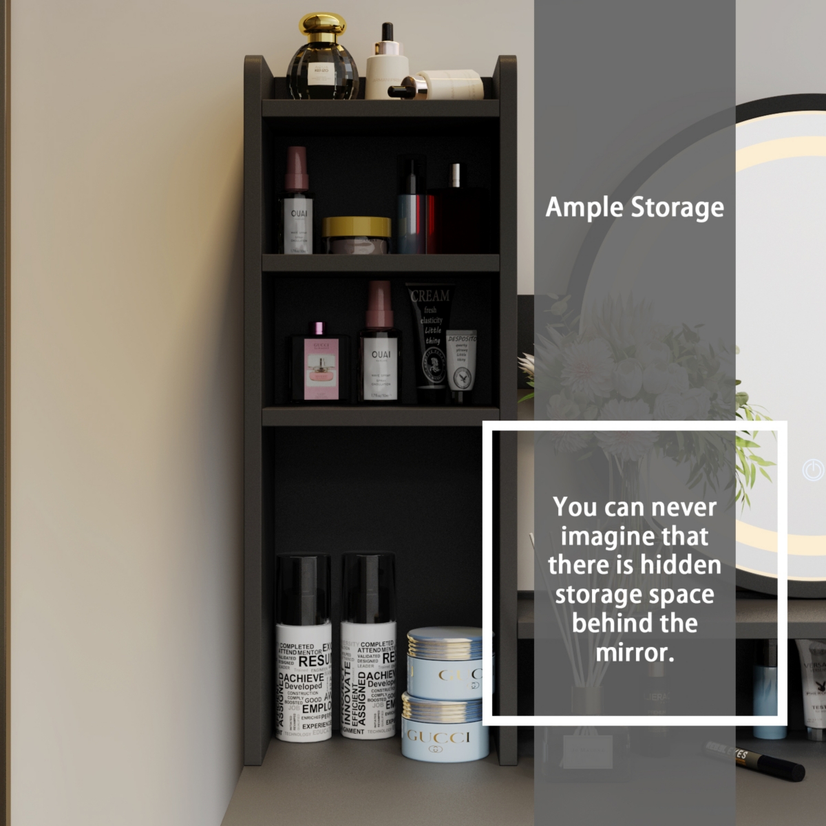 Famapy 5-Drawers White Wood Makeup Vanity Table Dresser Sets Dressing Desk with Led Mirror and Open Shelves