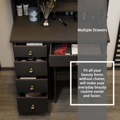 Light Mirror 5-Drawers Black Wood Makeup Vanity Set Dressing Desk