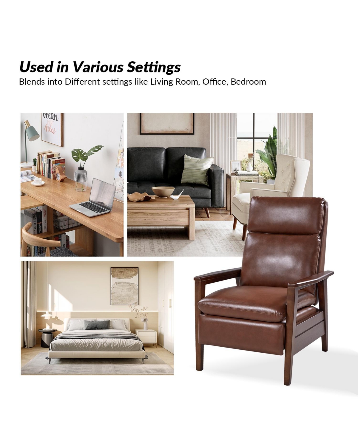 Hulala Home Peter Mid-Century Modern Leather Solid Wood Recliner with Rubber Wood