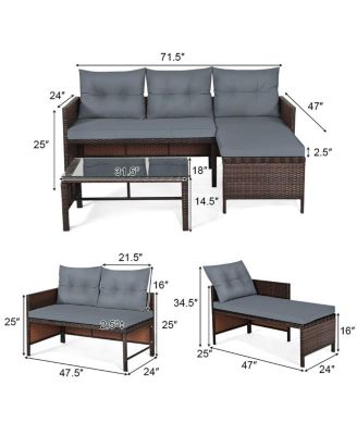 3 Pieces Outdoor Patio Corner Rattan Sofa Set-Grey