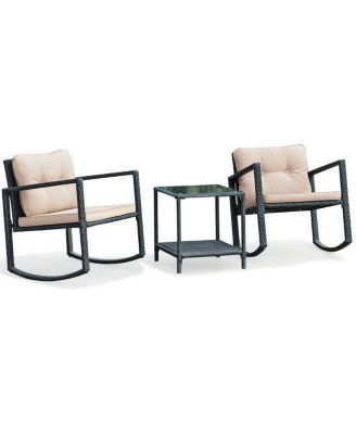 3 Pieces Cushioned Patio Rattan Set with Rocking Chair and Table