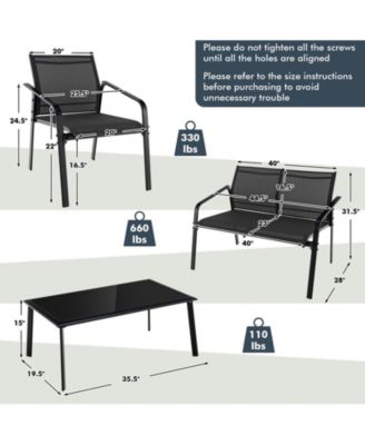 4 Pieces Patio Furniture Set with Armrest Loveseat Sofas and Glass Table Deck