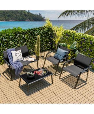 4 Pieces Patio Furniture Set with Armrest Loveseat Sofas and Glass Table Deck