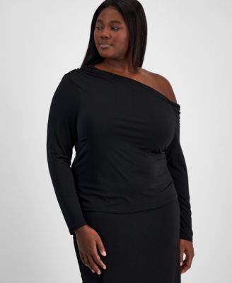 Bar III - Trendy Plus Size Printed Asymmetric Drape Top, Exclusively at Macy's