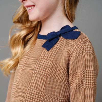 Little Girls Long Sleeve Bow Detail Intarsia Sweater Dress