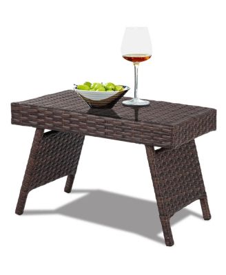 Folding PE Rattan Side Coffee Table Patio Garden Furniture