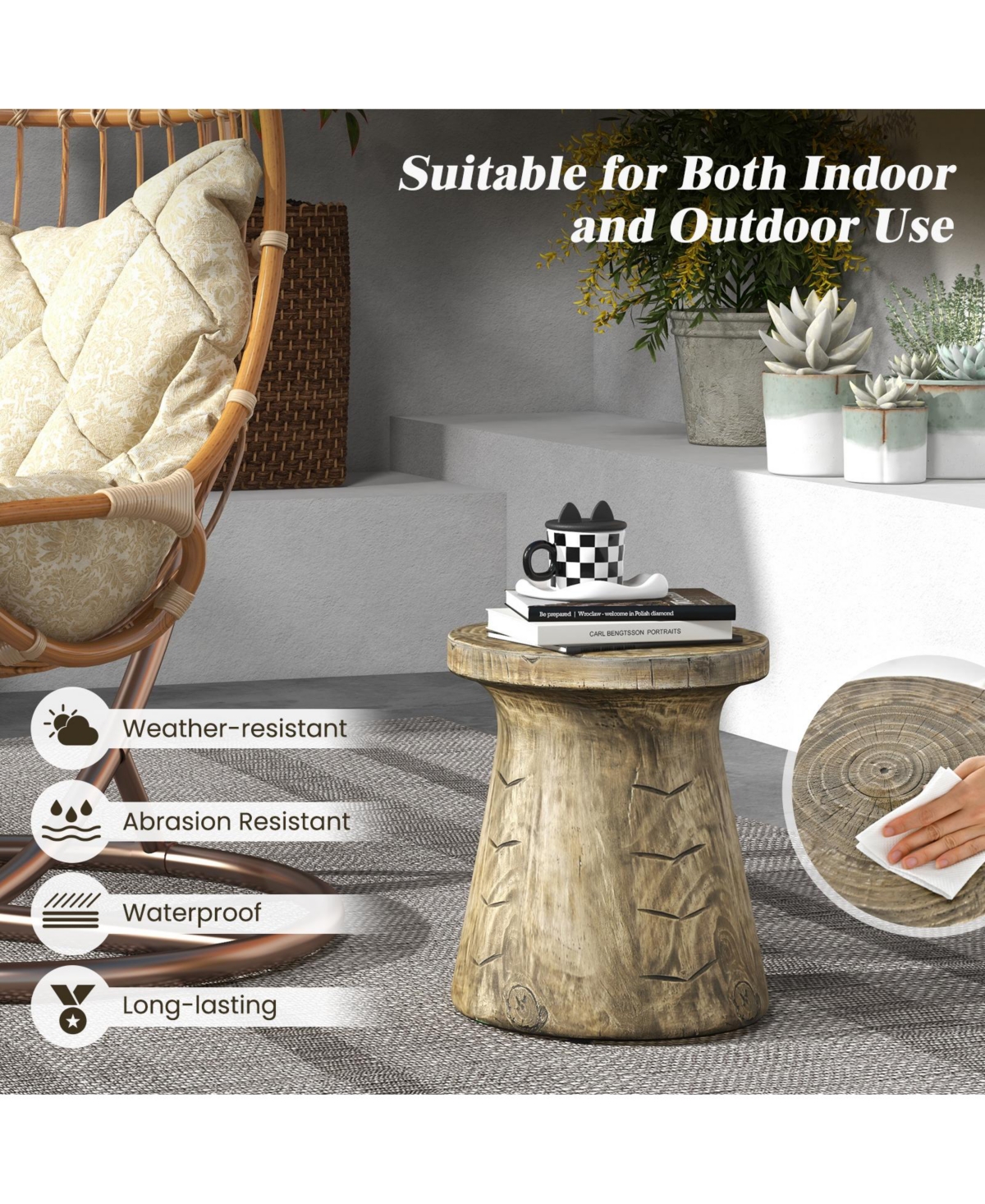 Sugift Weather Resident Rock End Table with Wood Grain for Living Room