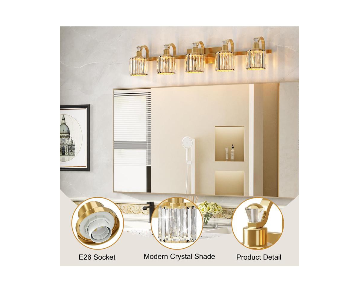 gaomon CrystalBathroom Vanity Light 5 Light Modern Bathroom Vanity Light Fixtures Over Mirror Modern Crystal Vanity Lighting - Gold