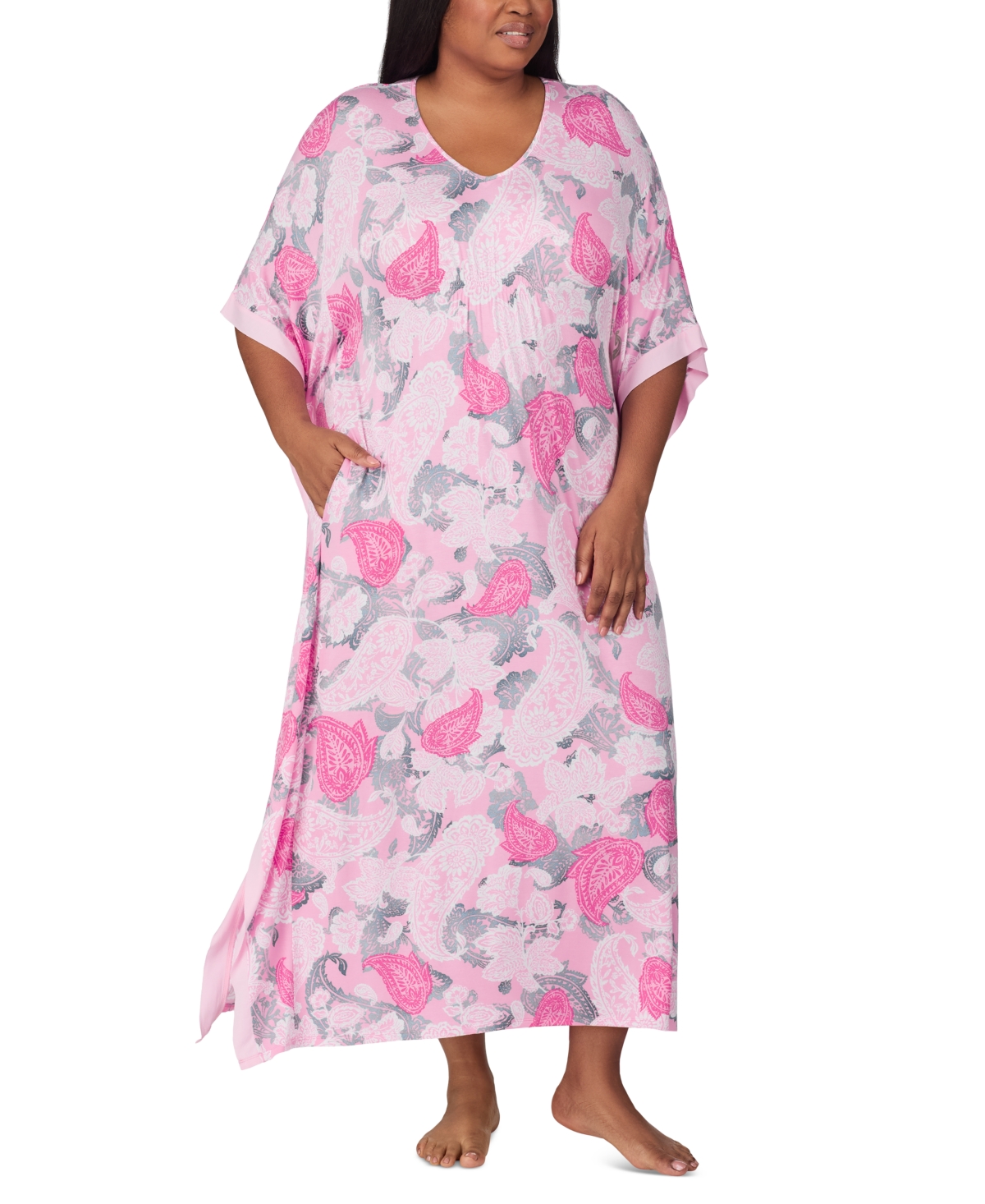 Plus Size Printed V-Neck Caftan Nightgown - Pink White