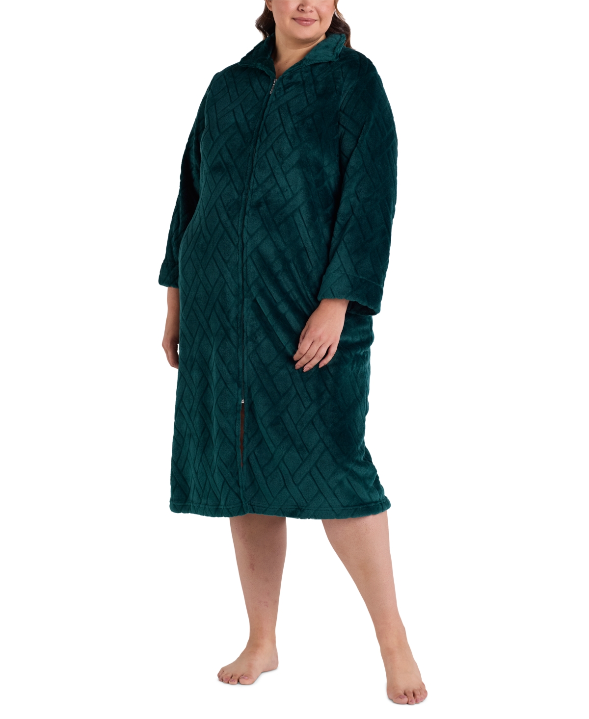 Miss Elaine Plus Size Textured Fleece Zip-front Robe In Deep Emerald