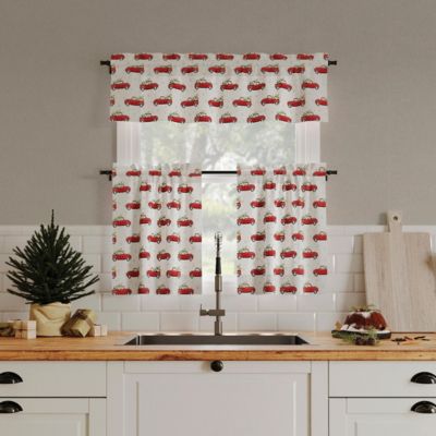 Christmas Pickup Truck Semi-Sheer Rod Pocket Kitchen Curtain Tier Pair