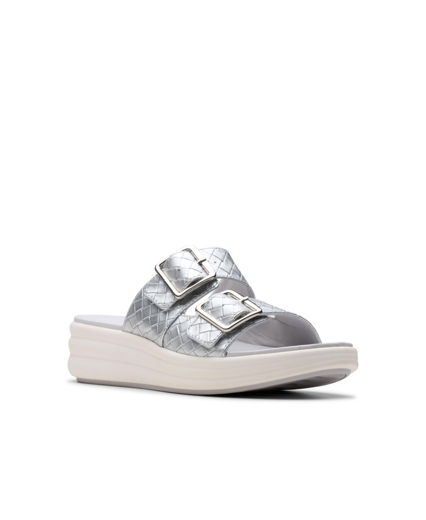 Женские сандалии Clarks Drift Buckle Slip-On Slide Wedge, цвет: Серебряный металлик — фото 1