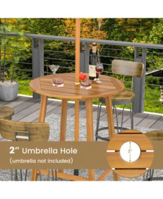 Bar Height Table with Umbrella Hole and Slatted Tabletop for Outdoors